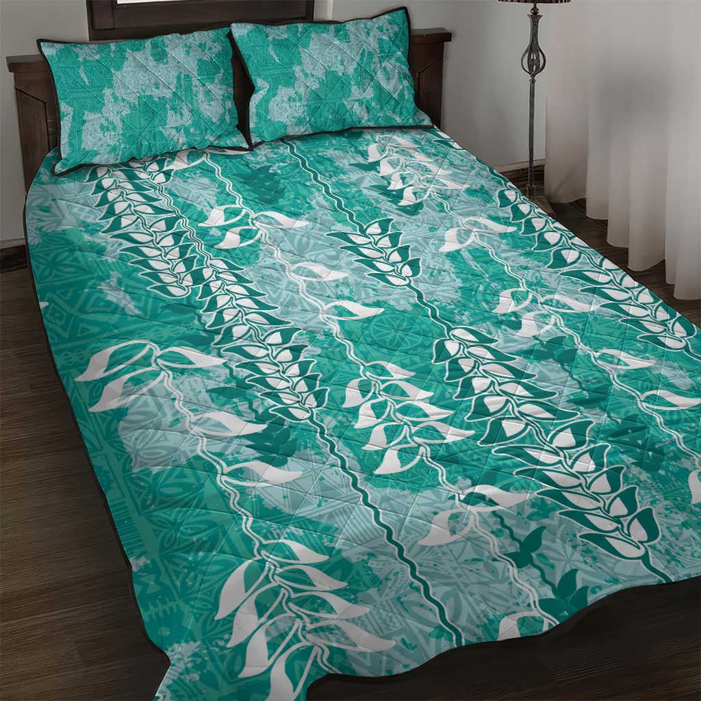 Teal Hawaii Tapa Pattern Quilt Bed Set With Heliconia Vintage Style LT05 Teal - Polynesian Pride