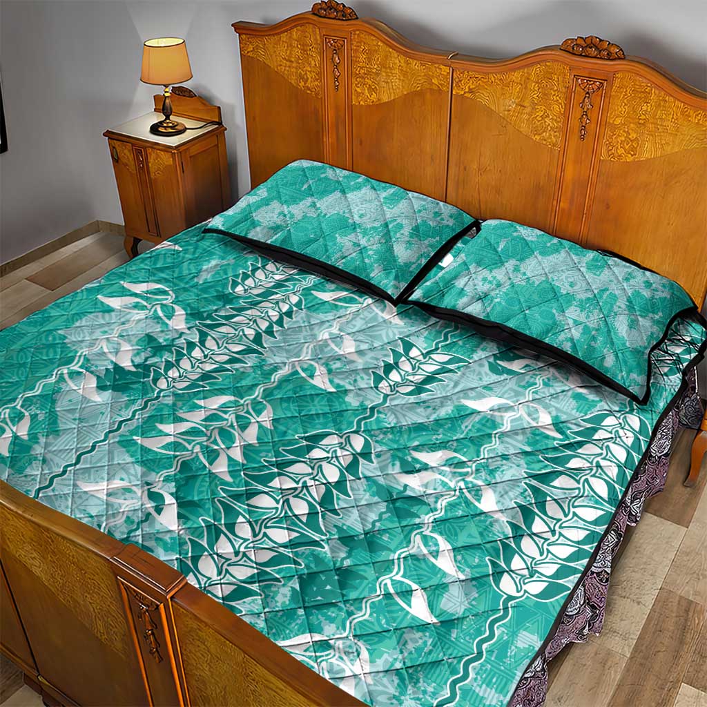 Teal Hawaii Tapa Pattern Quilt Bed Set With Heliconia Vintage Style LT05 - Polynesian Pride