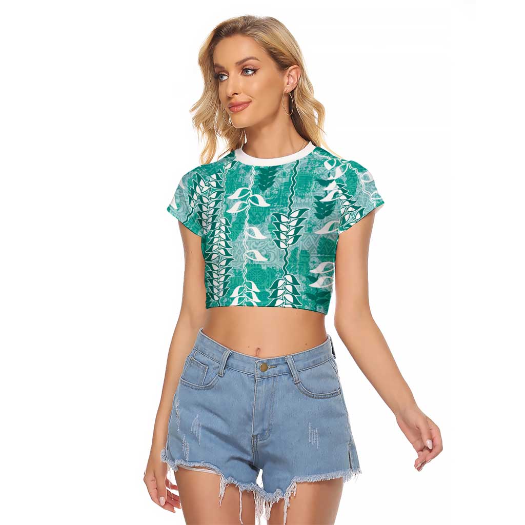 Teal Hawaii Tapa Pattern Raglan Cropped T Shirt With Heliconia Vintage Style LT05 Female Teal - Polynesian Pride