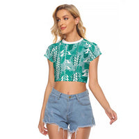 Teal Hawaii Tapa Pattern Raglan Cropped T Shirt With Heliconia Vintage Style LT05 Female Teal - Polynesian Pride