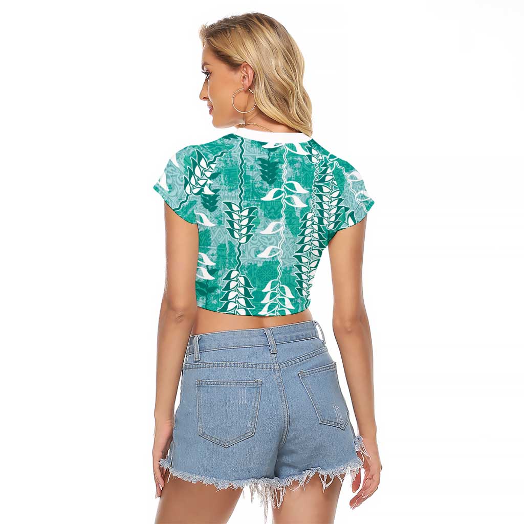Teal Hawaii Tapa Pattern Raglan Cropped T Shirt With Heliconia Vintage Style LT05 - Polynesian Pride