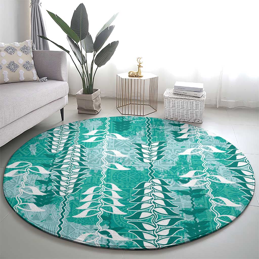 Teal Hawaii Tapa Pattern Round Carpet With Heliconia Vintage Style LT05 - Polynesian Pride