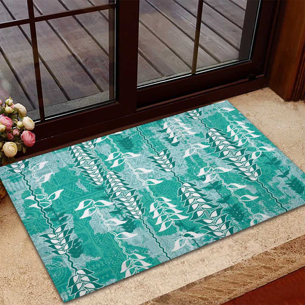 Teal Hawaii Tapa Pattern Rubber Doormat With Heliconia Vintage Style LT05 - Polynesian Pride