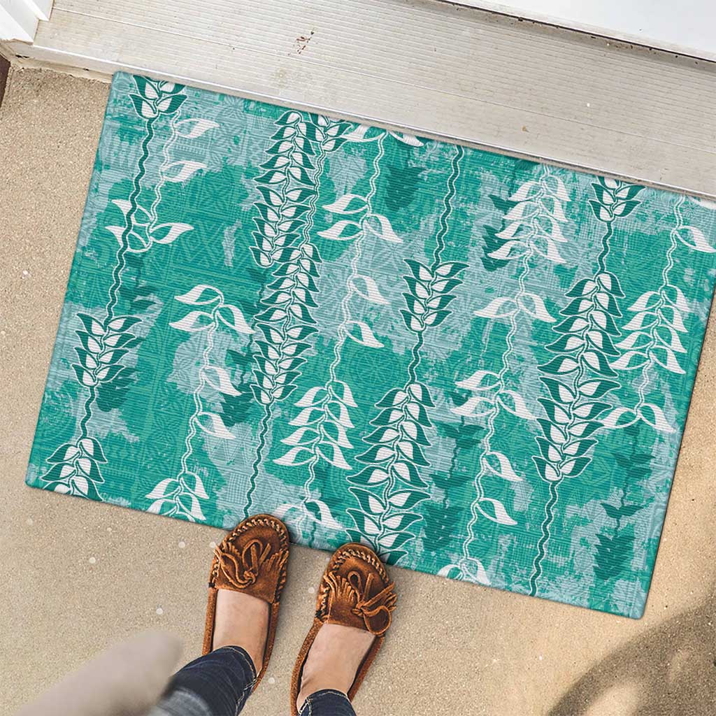 Teal Hawaii Tapa Pattern Rubber Doormat With Heliconia Vintage Style LT05 - Polynesian Pride
