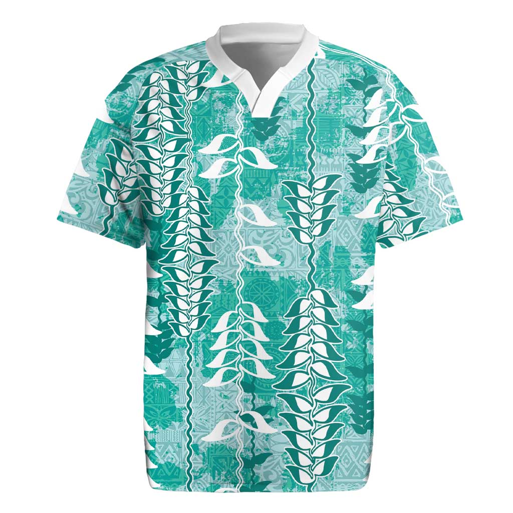 Teal Hawaii Tapa Pattern Rugby Jersey With Heliconia Vintage Style