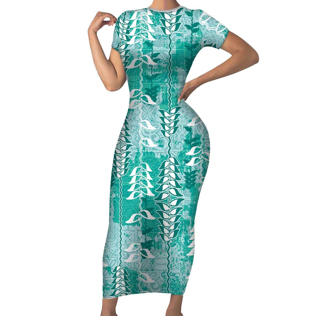 Teal Hawaii Tapa Pattern Short Sleeve Bodycon Dress With Heliconia Vintage Style LT05 Long Dress Teal - Polynesian Pride