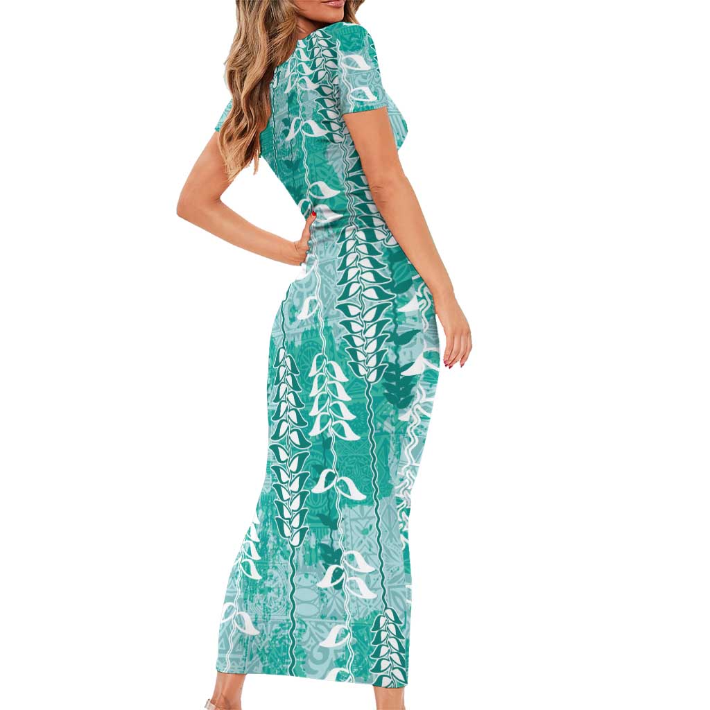 Teal Hawaii Tapa Pattern Short Sleeve Bodycon Dress With Heliconia Vintage Style LT05 - Polynesian Pride