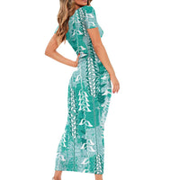 Teal Hawaii Tapa Pattern Short Sleeve Bodycon Dress With Heliconia Vintage Style LT05 - Polynesian Pride