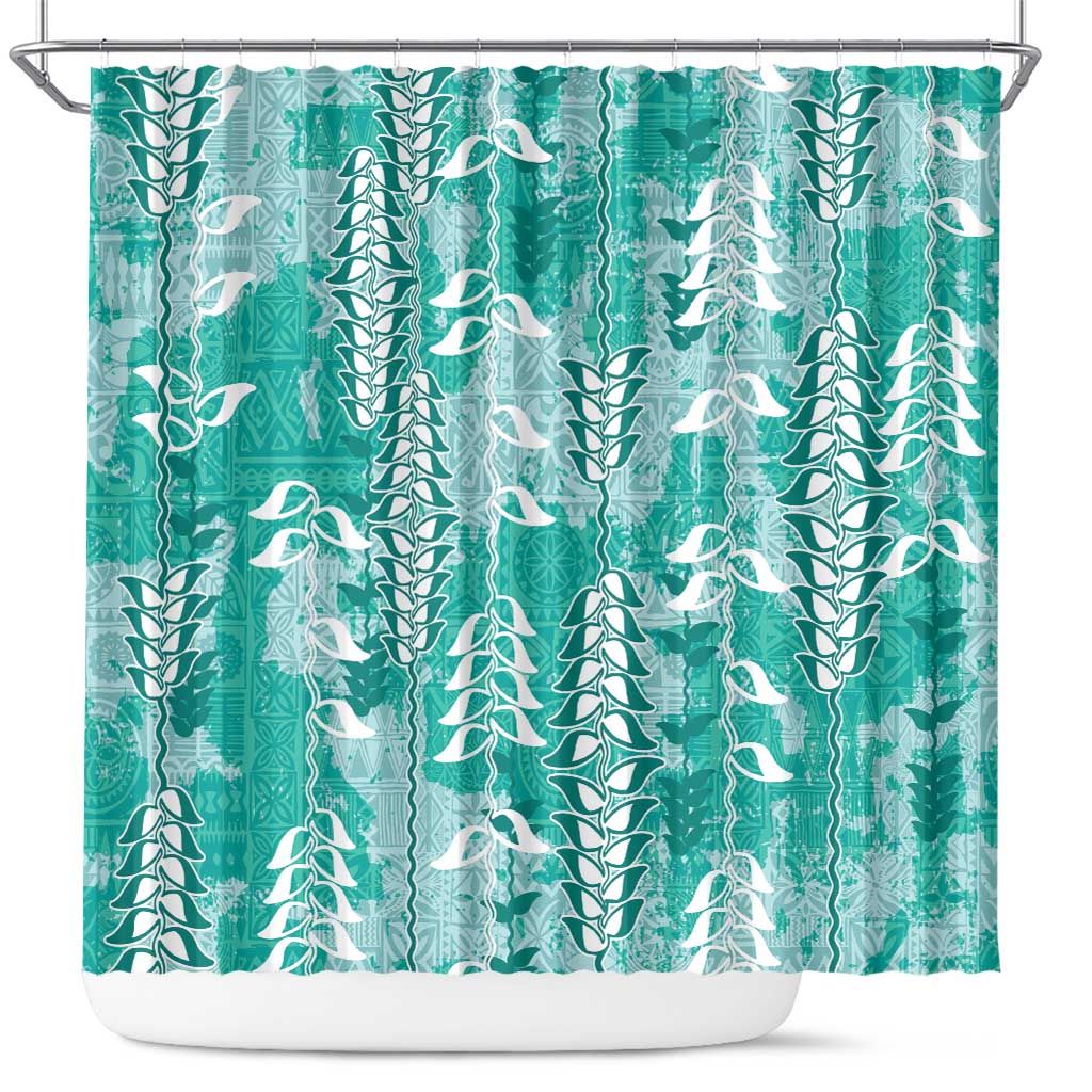 Teal Hawaii Tapa Pattern Shower Curtain With Heliconia Vintage Style LT05 Teal - Polynesian Pride