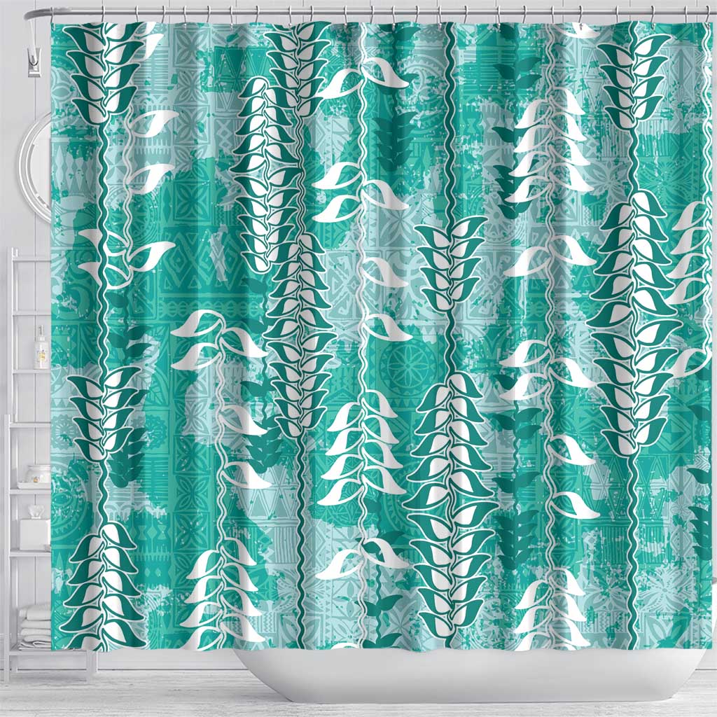 Teal Hawaii Tapa Pattern Shower Curtain With Heliconia Vintage Style LT05 - Polynesian Pride