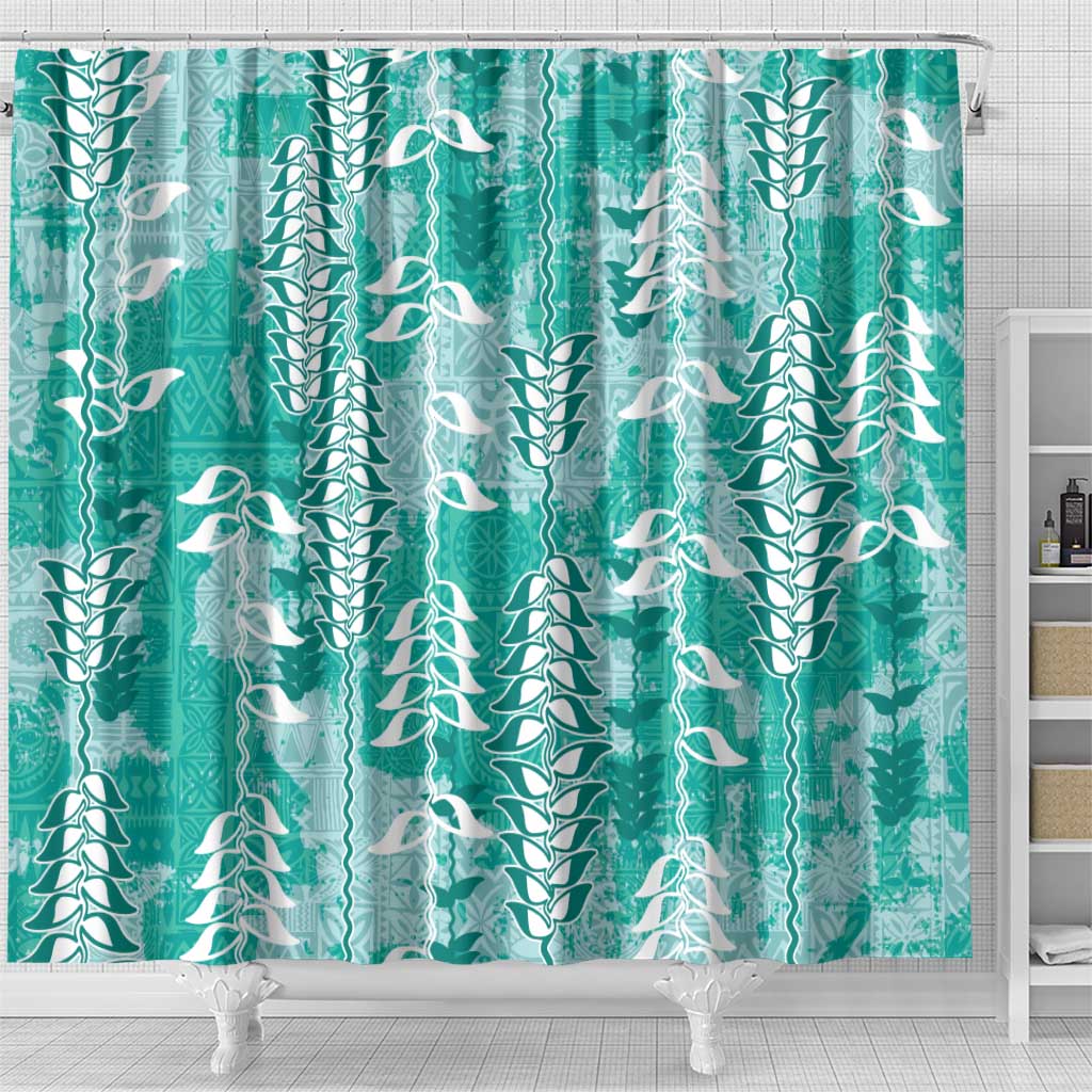 Teal Hawaii Tapa Pattern Shower Curtain With Heliconia Vintage Style LT05 - Polynesian Pride