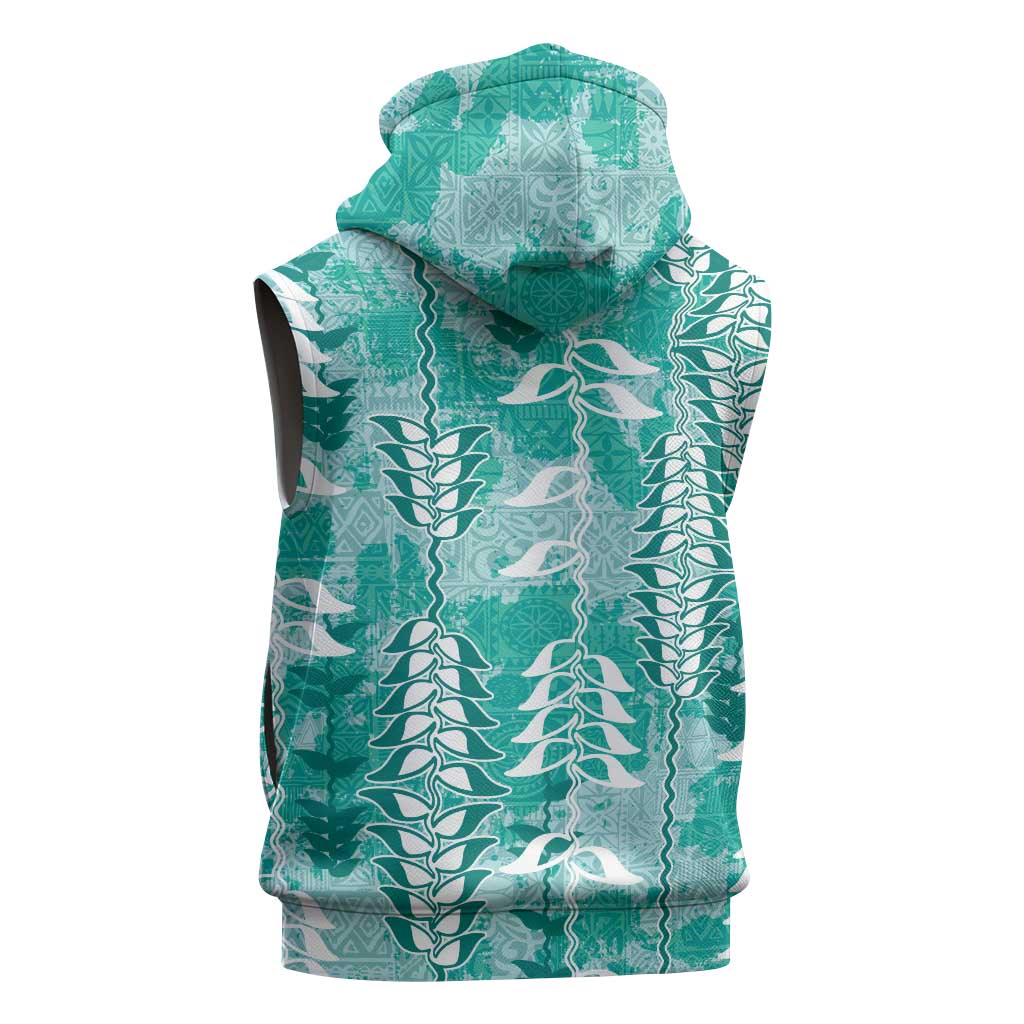 Teal Hawaii Tapa Pattern Sleeveless Hoodie With Heliconia Vintage Style LT05 - Polynesian Pride