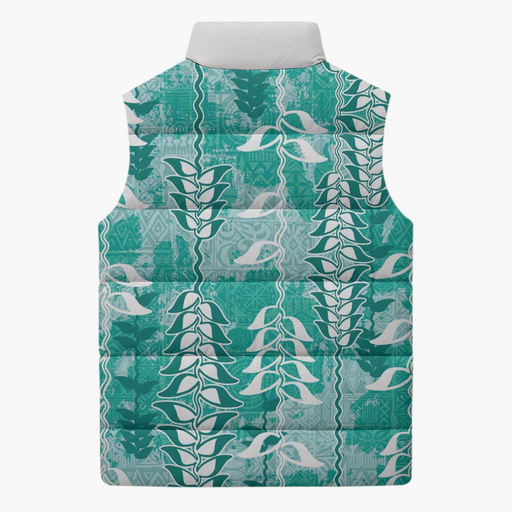 Teal Hawaii Tapa Pattern Sleeveless Puffer Jacket With Heliconia Vintage Style LT05 - Polynesian Pride