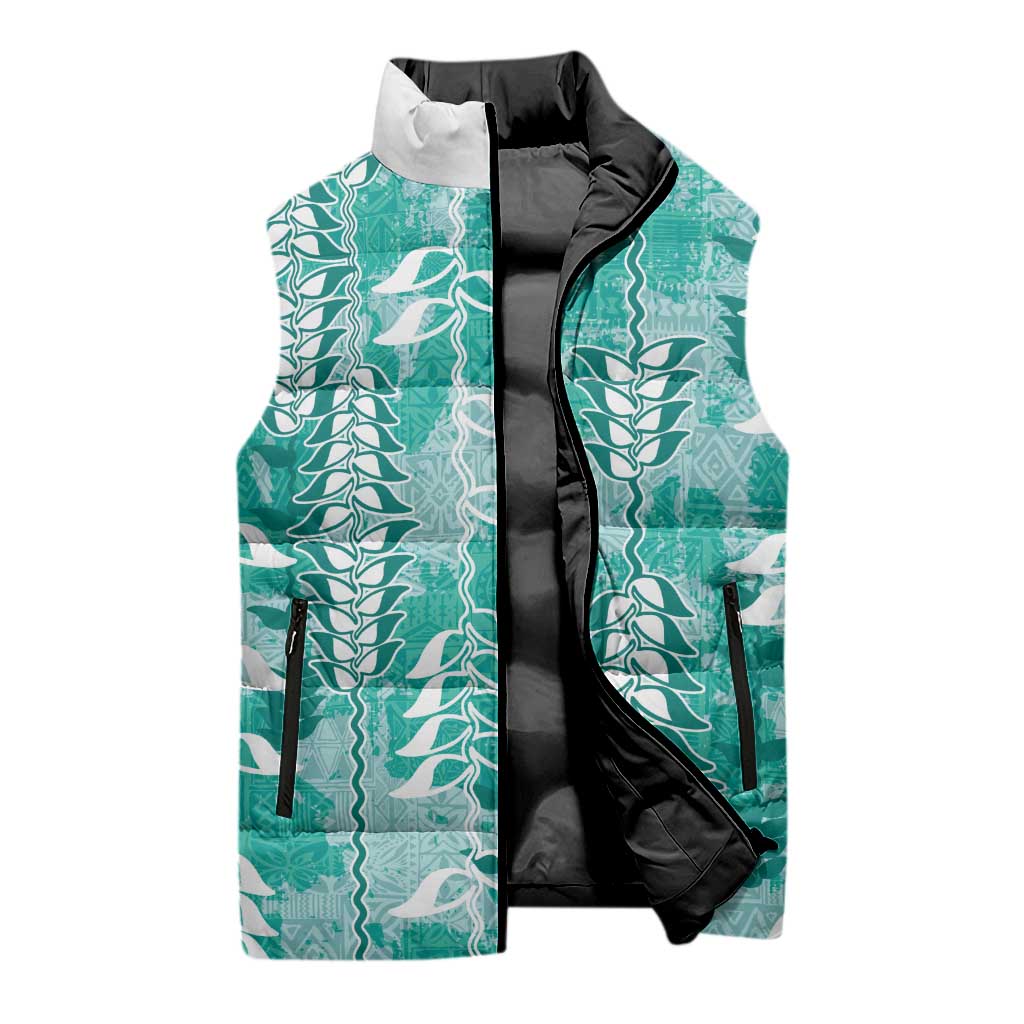Teal Hawaii Tapa Pattern Sleeveless Puffer Jacket With Heliconia Vintage Style LT05 - Polynesian Pride