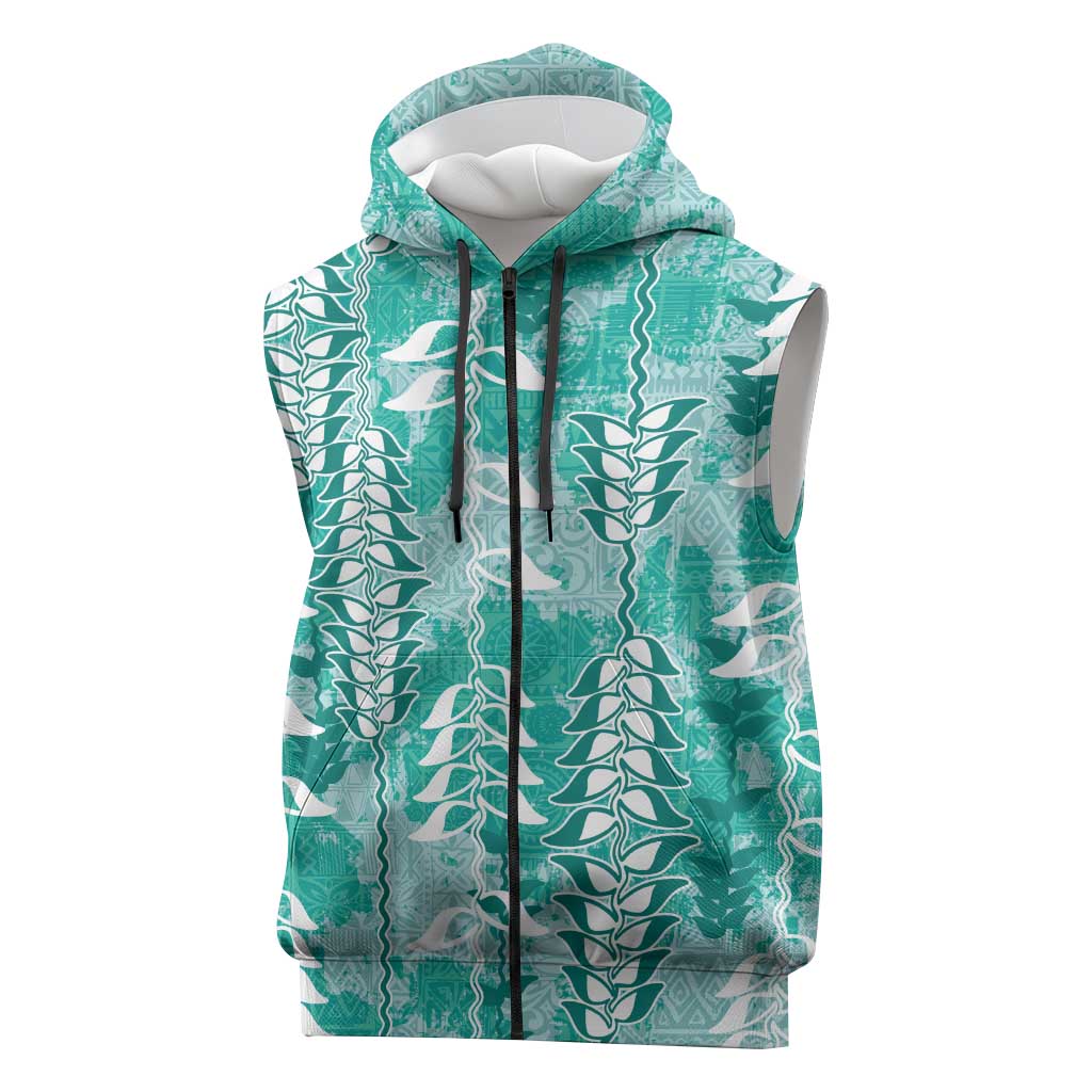 Teal Hawaii Tapa Pattern Sleeveless Zip Hoodie With Heliconia Vintage Style LT05 Teal - Polynesian Pride