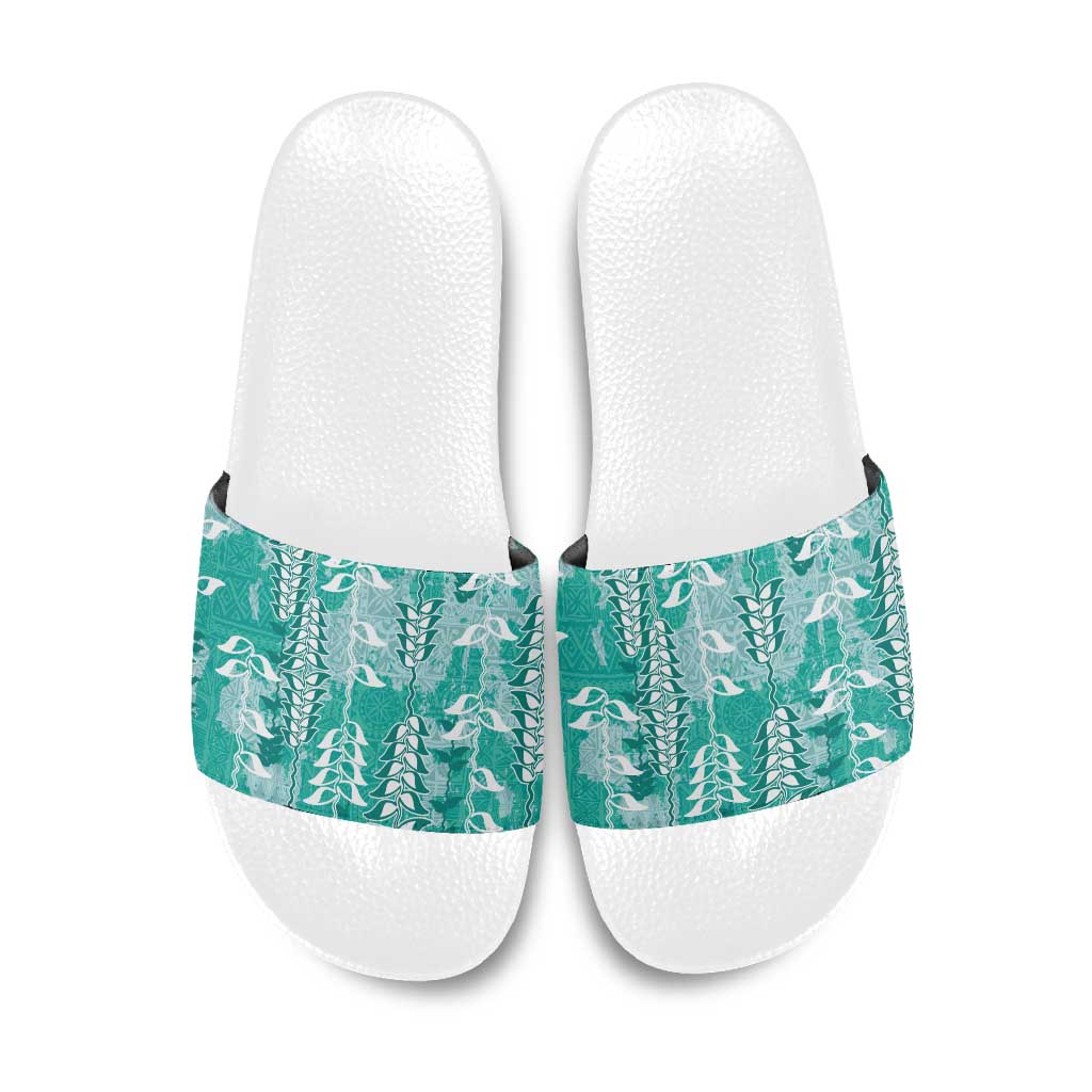Teal Hawaii Tapa Pattern Slide Sandals With Heliconia Vintage Style LT05 Teal - Polynesian Pride
