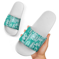 Teal Hawaii Tapa Pattern Slide Sandals With Heliconia Vintage Style LT05 - Polynesian Pride
