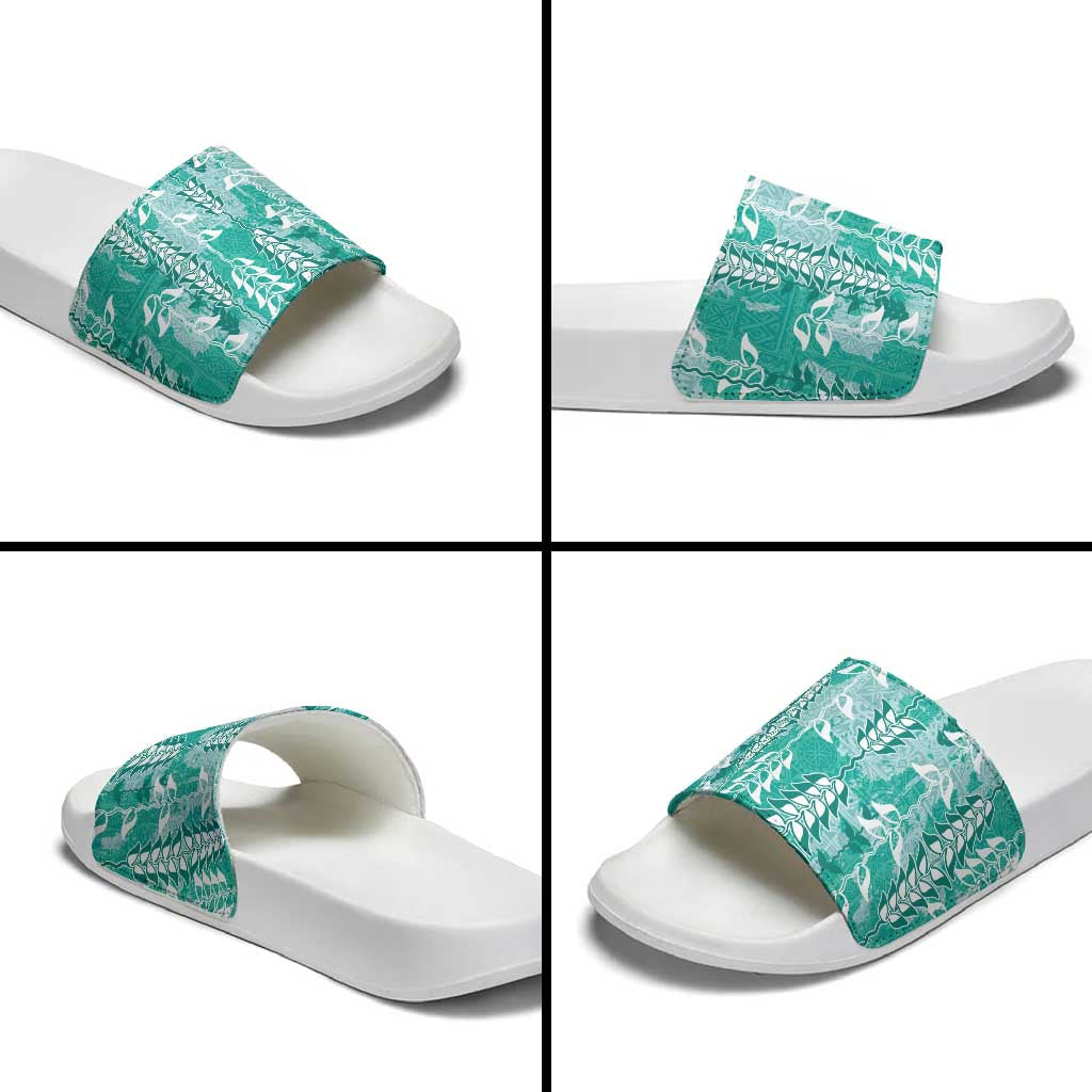 Teal Hawaii Tapa Pattern Slide Sandals With Heliconia Vintage Style LT05 - Polynesian Pride