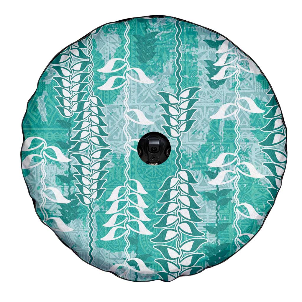 Teal Hawaii Tapa Pattern Spare Tire Cover With Heliconia Vintage Style LT05 - Polynesian Pride