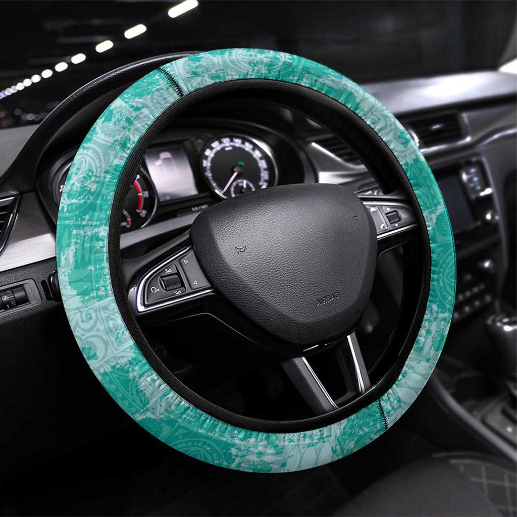 Teal Hawaii Tapa Pattern Steering Wheel Cover With Heliconia Vintage Style LT05 Universal Fit Teal - Polynesian Pride