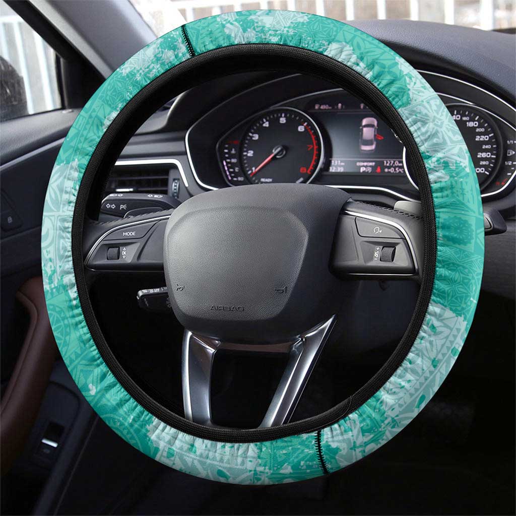 Teal Hawaii Tapa Pattern Steering Wheel Cover With Heliconia Vintage Style LT05 - Polynesian Pride