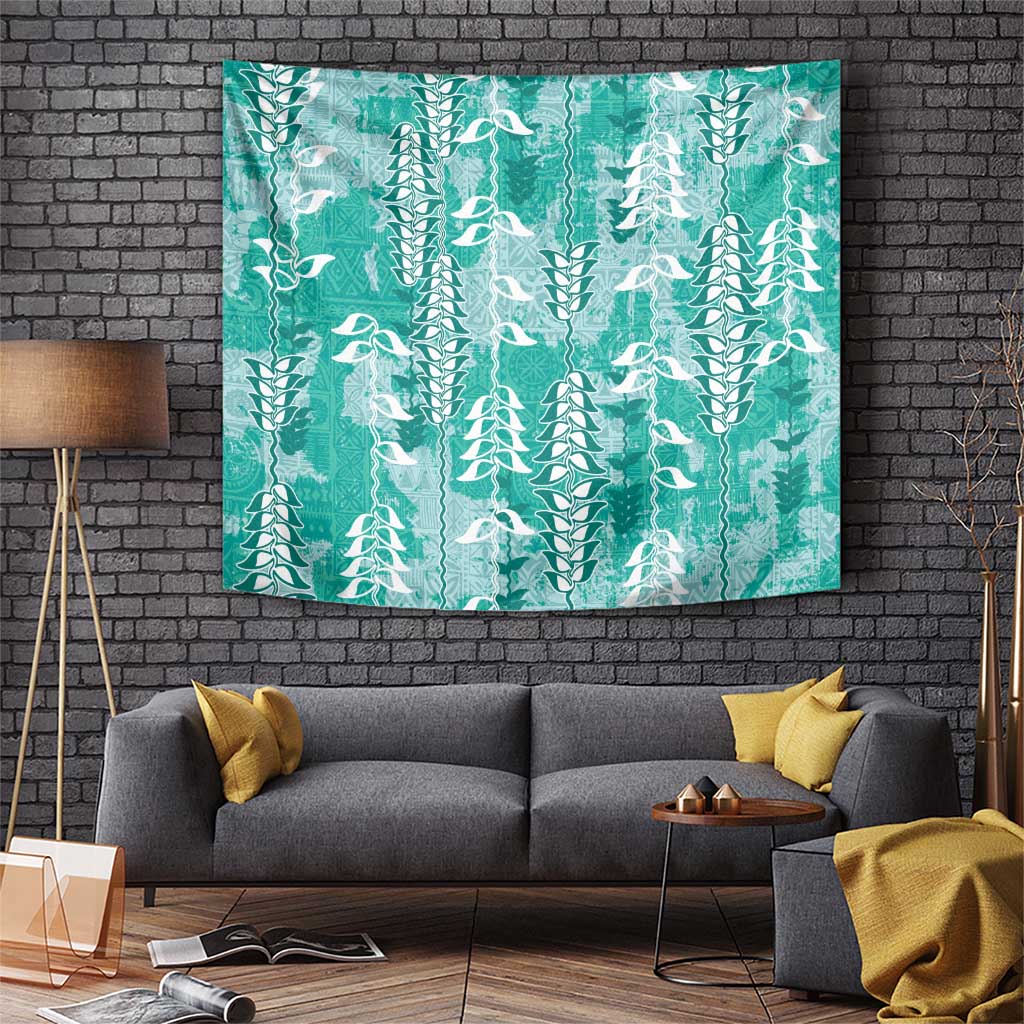 Teal Hawaii Tapa Pattern Tapestry With Heliconia Vintage Style LT05 Teal - Polynesian Pride