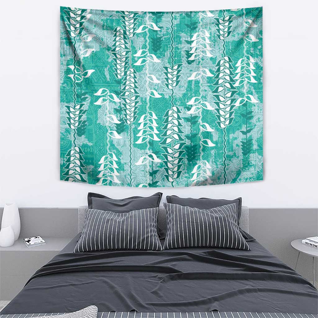 Teal Hawaii Tapa Pattern Tapestry With Heliconia Vintage Style LT05 - Polynesian Pride