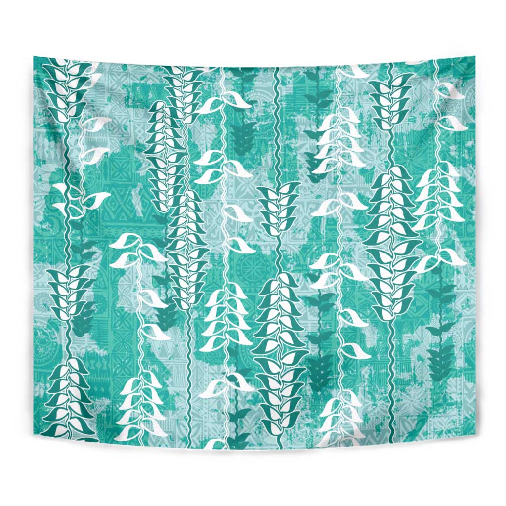 Teal Hawaii Tapa Pattern Tapestry With Heliconia Vintage Style LT05 - Polynesian Pride