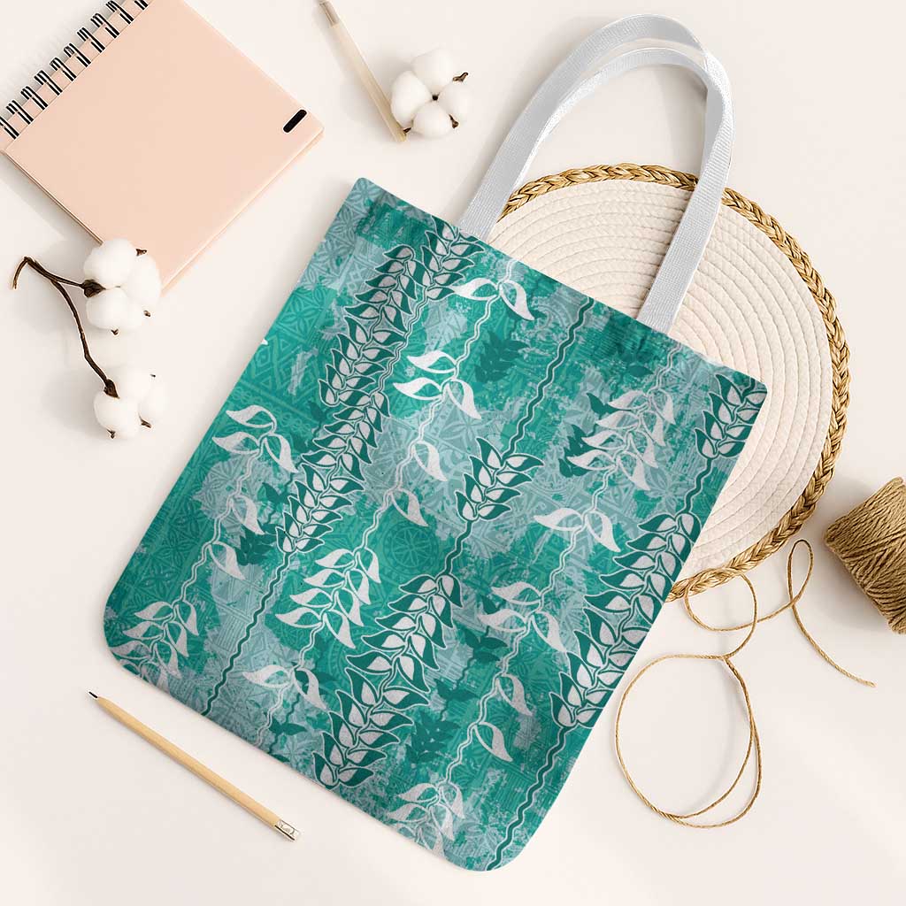 Teal Hawaii Tapa Pattern Tote Bag With Heliconia Vintage Style LT05 White Strap One Size Teal - Polynesian Pride