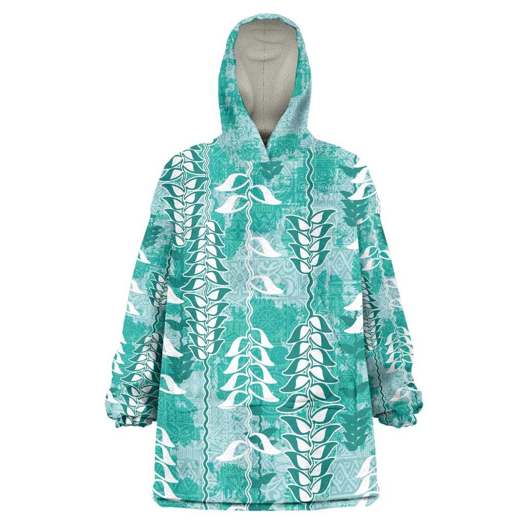 Teal Hawaii Tapa Pattern Wearable Blanket Hoodie With Heliconia Vintage Style LT05 One Size Teal - Polynesian Pride