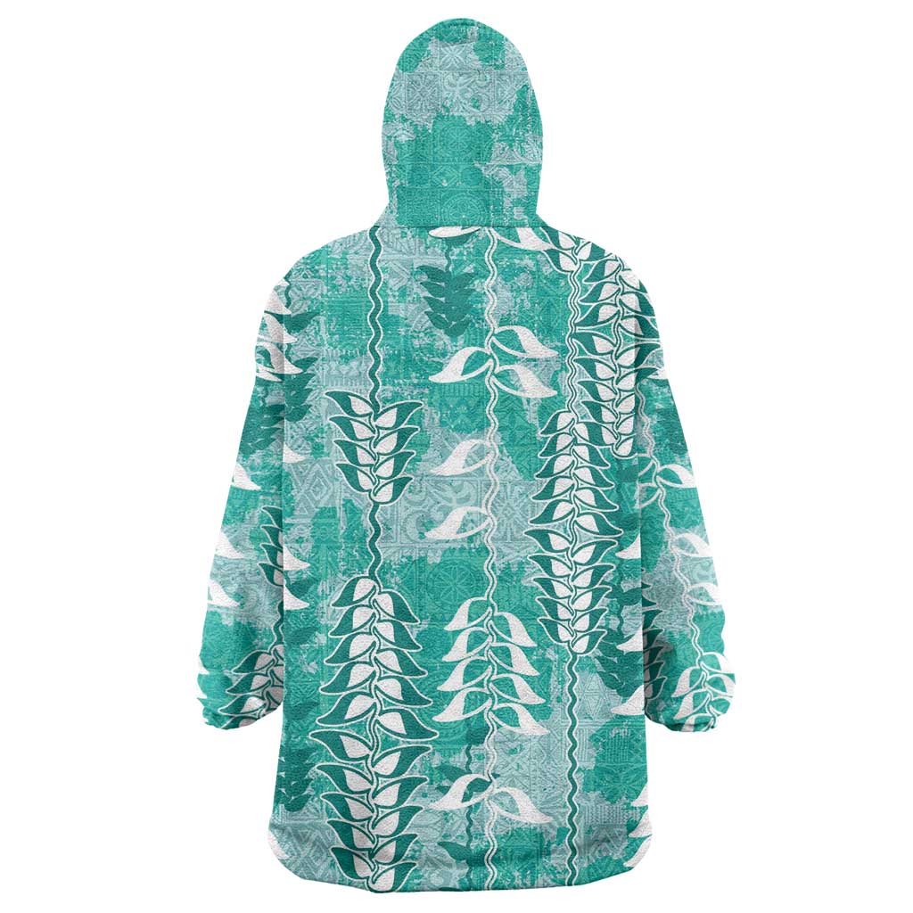 Teal Hawaii Tapa Pattern Wearable Blanket Hoodie With Heliconia Vintage Style LT05 - Polynesian Pride