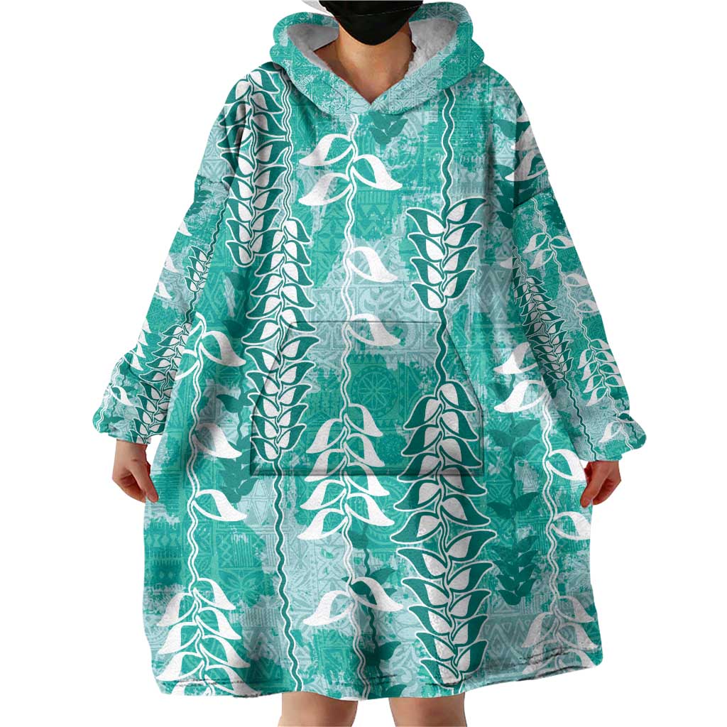 Teal Hawaii Tapa Pattern Wearable Blanket Hoodie With Heliconia Vintage Style LT05 - Polynesian Pride