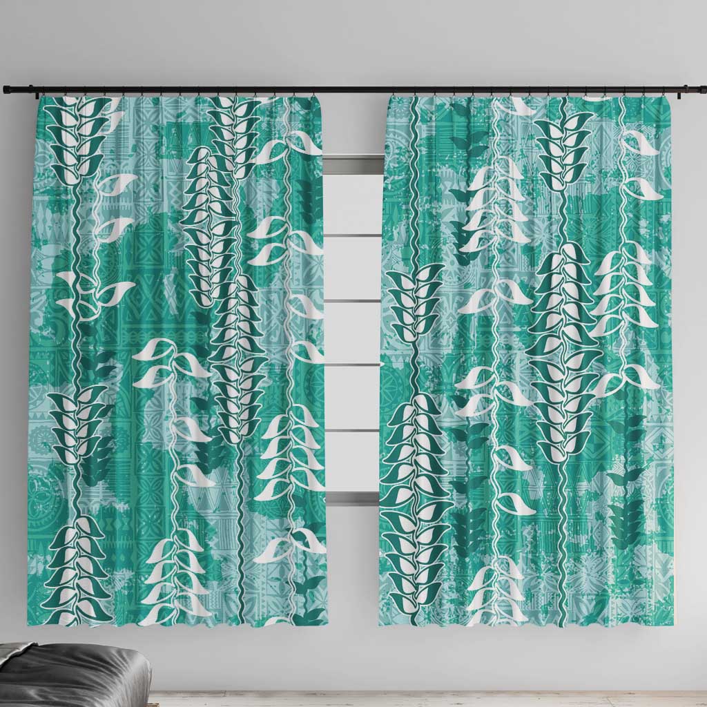 Teal Hawaii Tapa Pattern Window Curtain With Heliconia Vintage Style LT05 With Hooks Teal - Polynesian Pride