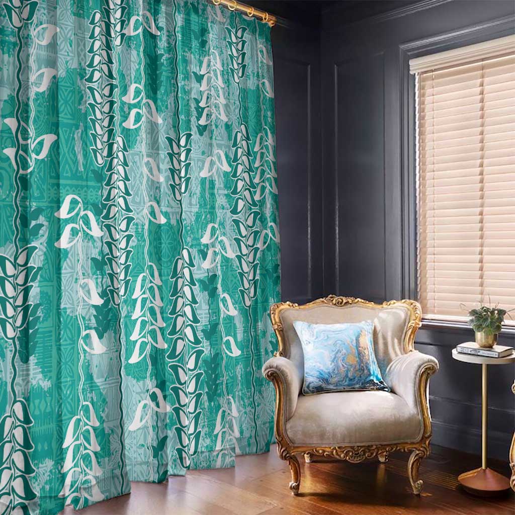 Teal Hawaii Tapa Pattern Window Curtain With Heliconia Vintage Style LT05 - Polynesian Pride