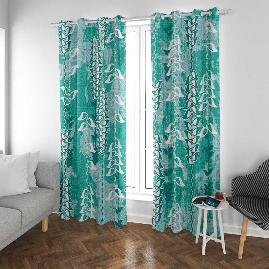 Teal Hawaii Tapa Pattern Window Curtain With Heliconia Vintage Style LT05 With Grommets Teal - Polynesian Pride