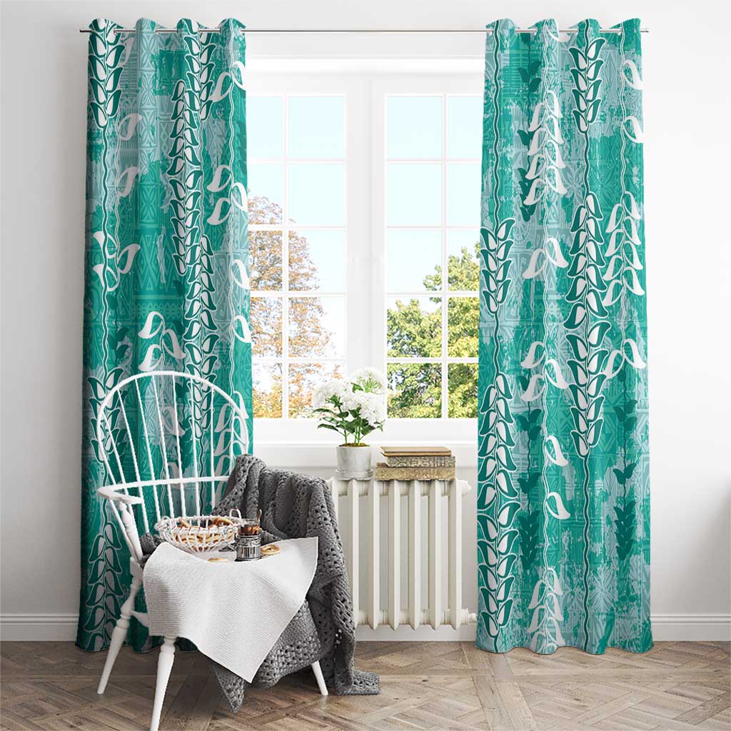 Teal Hawaii Tapa Pattern Window Curtain With Heliconia Vintage Style LT05 - Polynesian Pride