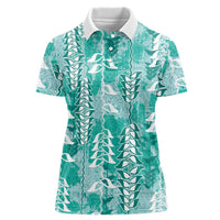 Teal Hawaii Tapa Pattern Women Polo Shirt With Heliconia Vintage Style