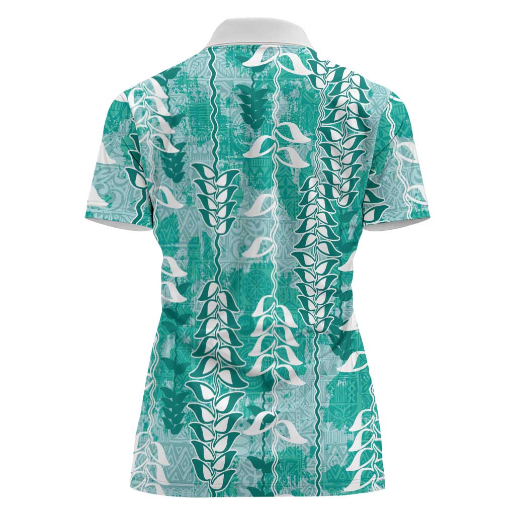 Teal Hawaii Tapa Pattern Women Polo Shirt With Heliconia Vintage Style