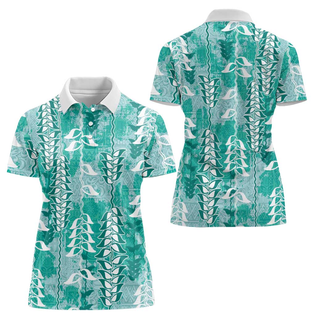 Teal Hawaii Tapa Pattern Women Polo Shirt With Heliconia Vintage Style