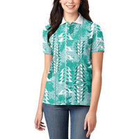 Teal Hawaii Tapa Pattern Women Polo Shirt With Heliconia Vintage Style
