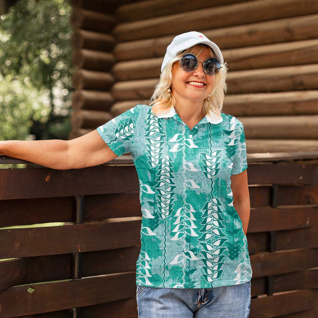 Teal Hawaii Tapa Pattern Women Polo Shirt With Heliconia Vintage Style