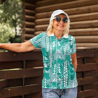 Teal Hawaii Tapa Pattern Women Polo Shirt With Heliconia Vintage Style