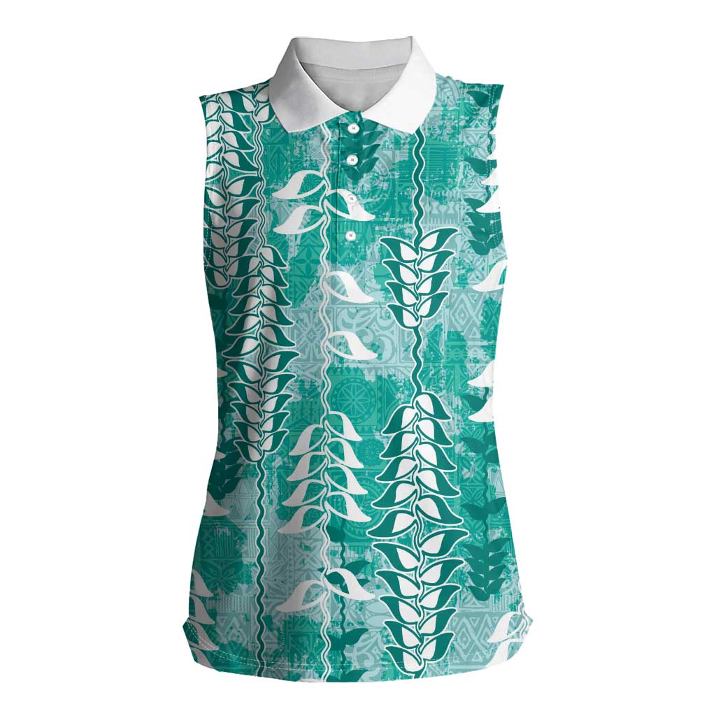 Teal Hawaii Tapa Pattern Women Sleeveless Polo Shirt With Heliconia Vintage Style LT05 Female Teal - Polynesian Pride