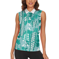 Teal Hawaii Tapa Pattern Women Sleeveless Polo Shirt With Heliconia Vintage Style LT05 - Polynesian Pride