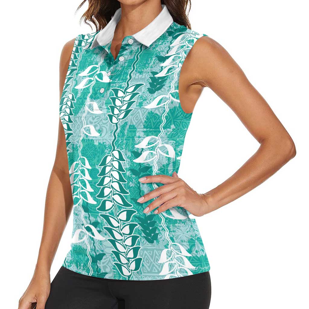 Teal Hawaii Tapa Pattern Women Sleeveless Polo Shirt With Heliconia Vintage Style LT05 - Polynesian Pride