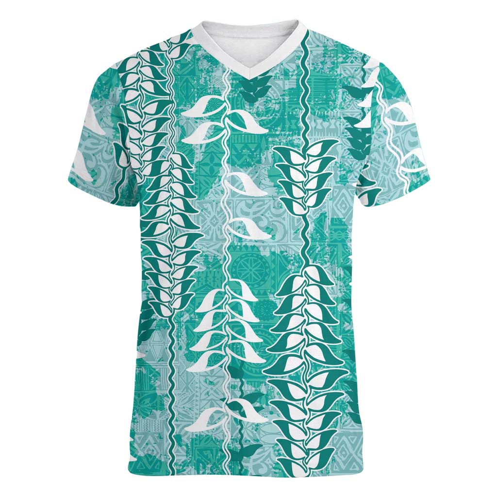 Teal Hawaii Tapa Pattern Women V-Neck T-Shirt With Heliconia Vintage Style LT05 Female Teal - Polynesian Pride