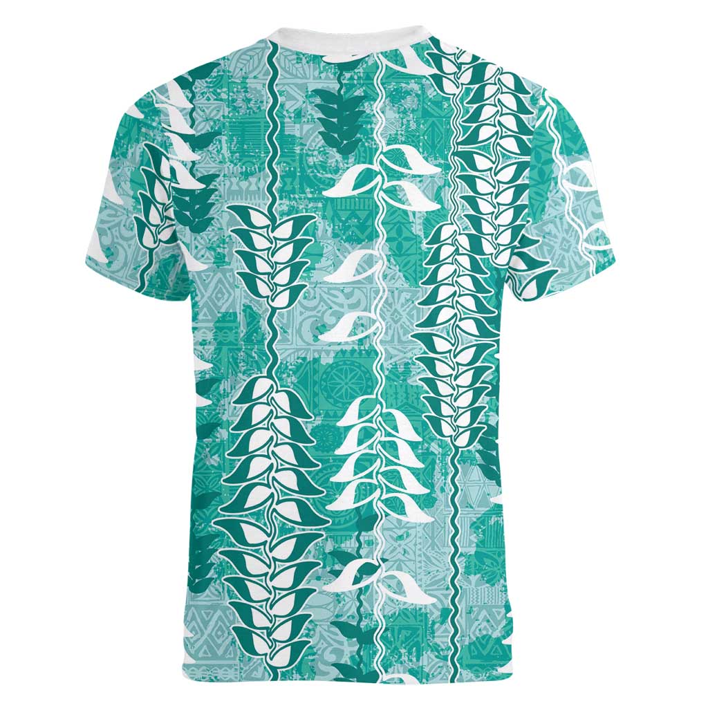 Teal Hawaii Tapa Pattern Women V-Neck T-Shirt With Heliconia Vintage Style LT05 - Polynesian Pride