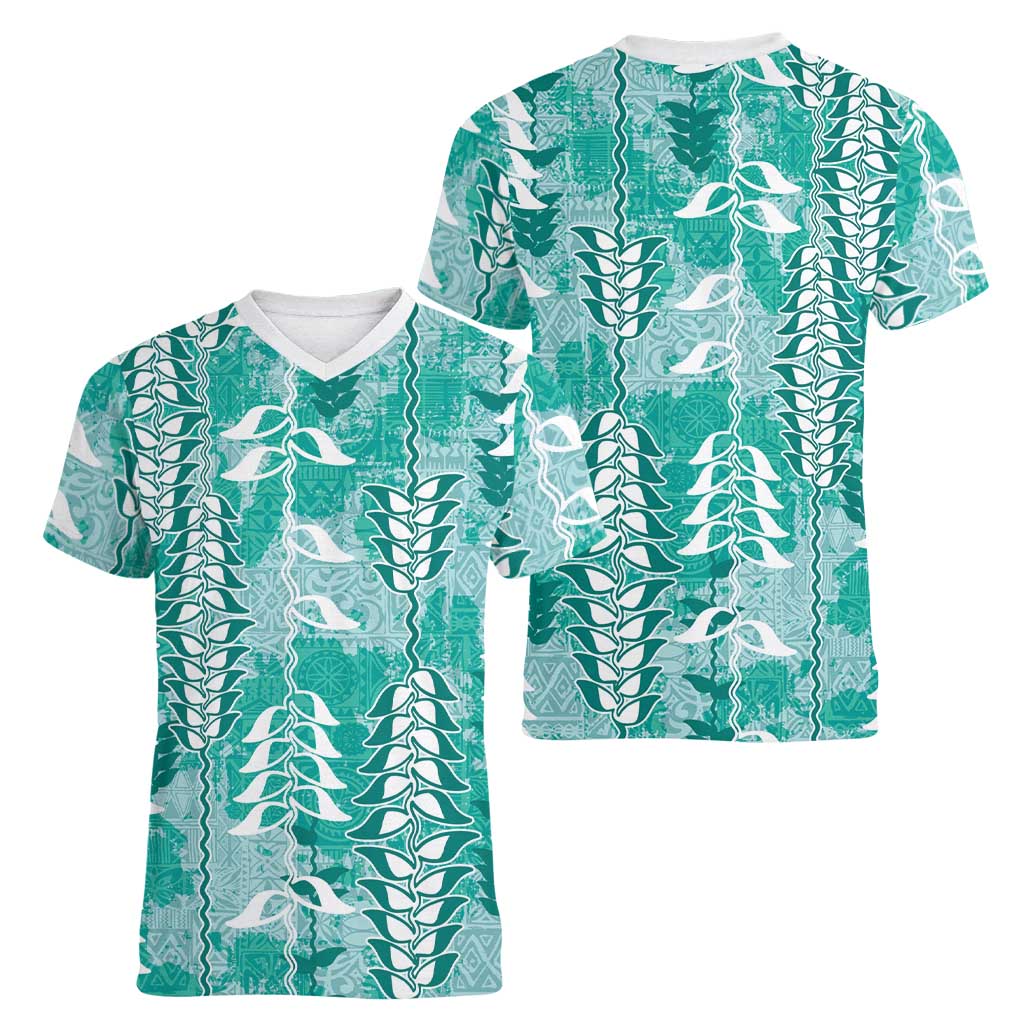 Teal Hawaii Tapa Pattern Women V-Neck T-Shirt With Heliconia Vintage Style LT05 - Polynesian Pride