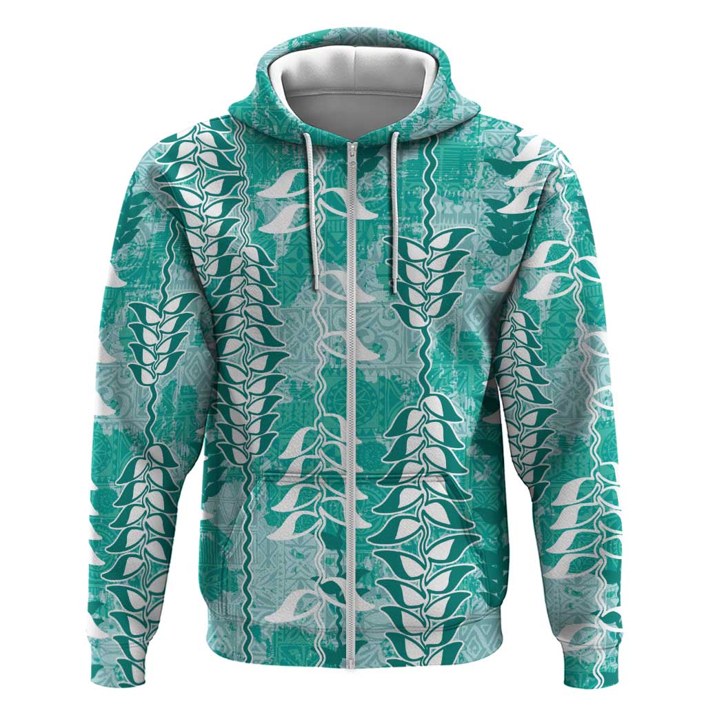 Teal Hawaii Tapa Pattern Zip Hoodie With Heliconia Vintage Style LT05 Zip Hoodie Teal - Polynesian Pride