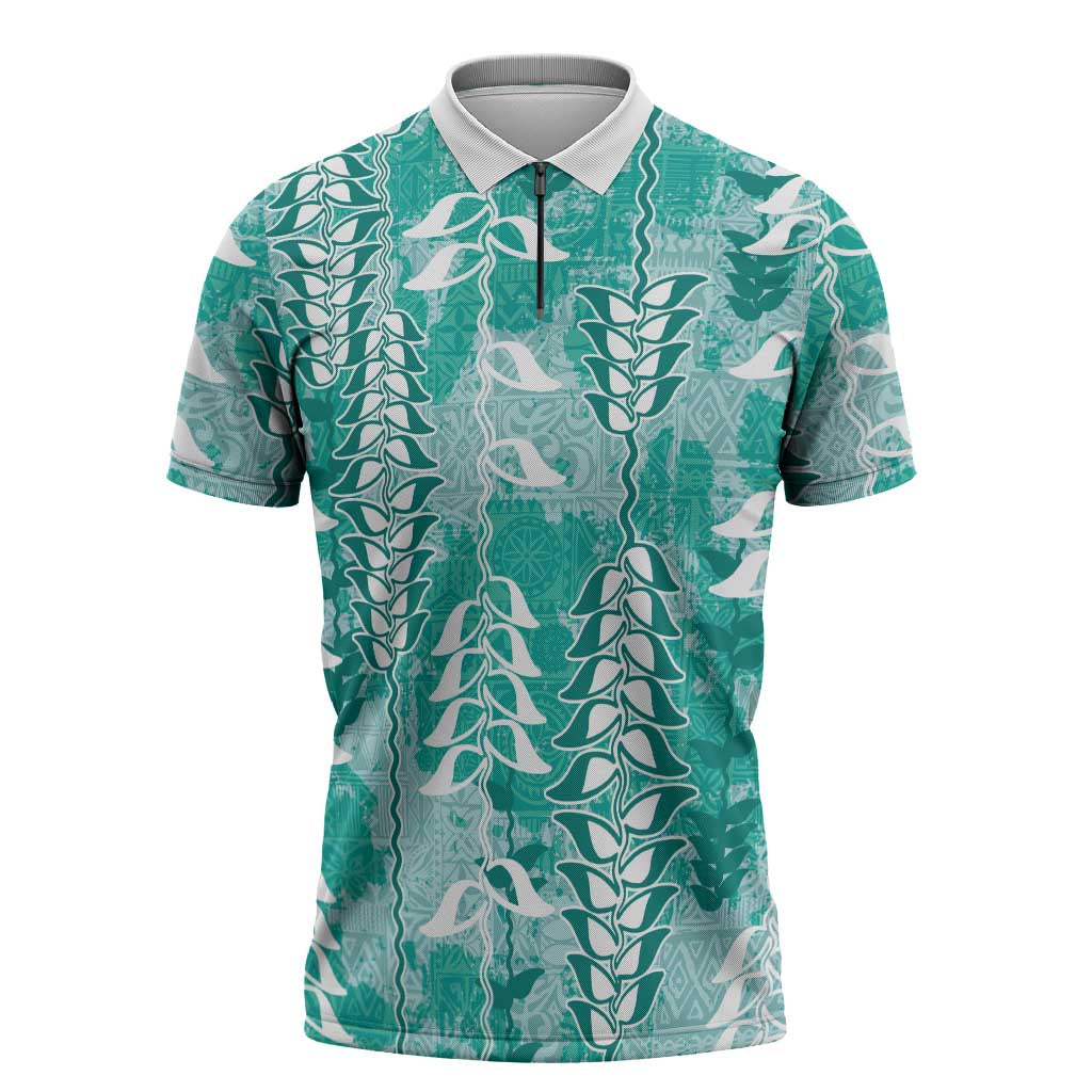Teal Hawaii Tapa Pattern Zipper Polo Shirt With Heliconia Vintage Style